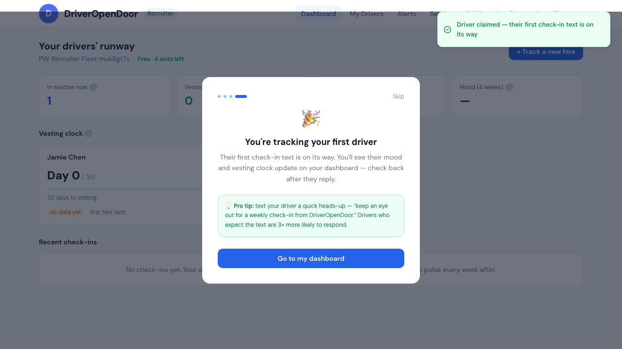 The onboarding wizard's success screen after the first driver is claimed