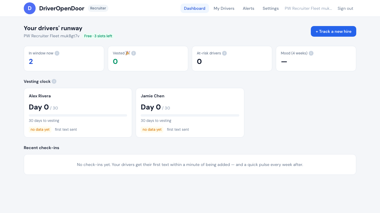 A driver's vesting clock in the DriverOpenDoor recruiter portal showing day 22 of 30