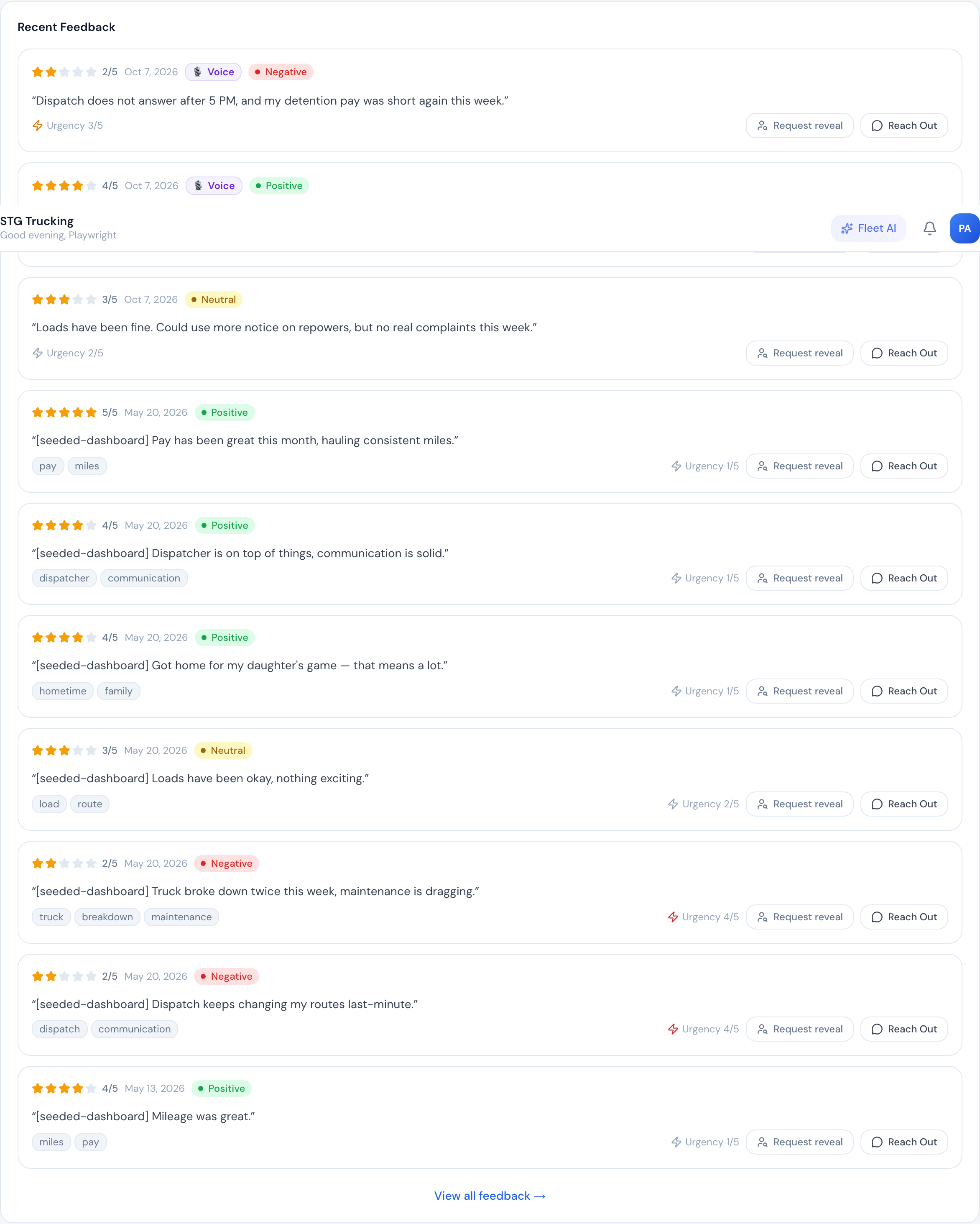 The fleet dashboard's recent feedback feed with voice badges marking voice check-ins