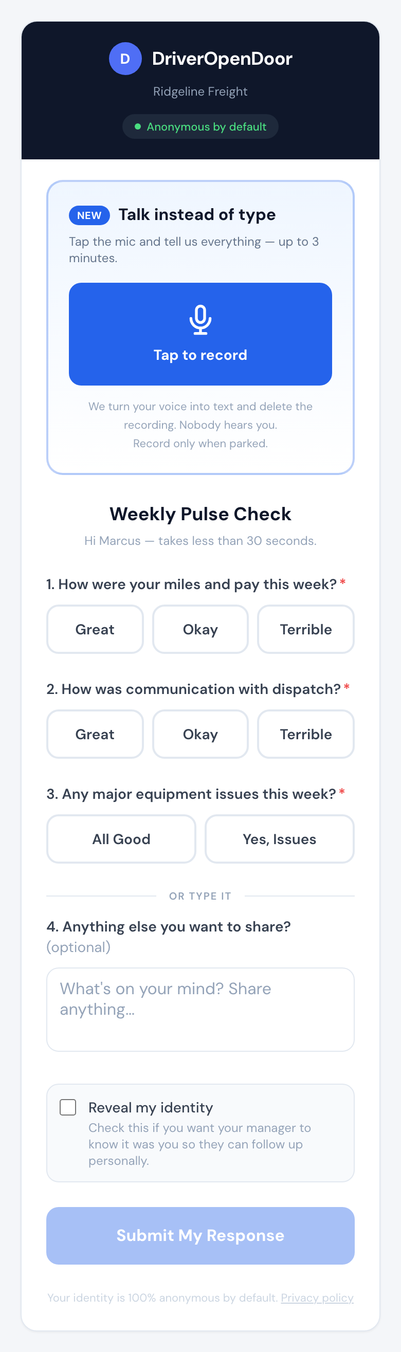 The DriverOpenDoor weekly pulse check-in on a driver's phone, with a Talk instead of type voice recorder card at the top