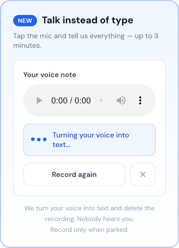 The recorded voice note turning into text on screen, with an animated transcription indicator